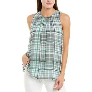 VINCE CAMUTO Women's Green Gray White Plaid Shades Sleeveless Blouse Size XS NEW